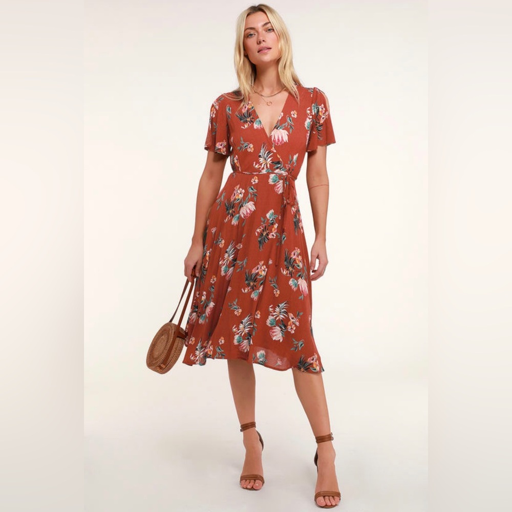 Lulu’s Jet Set For Sun Rust Red Tropical Print Wrap Midi Dress